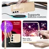 Collage of images showing a phone case with glitter, its features, and how it fits in a pocket. Produktbild-Vorschau