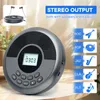 A portable CD player with various music genre icons and text overlays. Produktbild-Vorschau