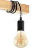 A close-up of a pendant light fixture with a wooden beam and a black cord holding a vintage-style light bulb. Náhľad obrázku produktu