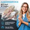 A woman is smiling and clapping her hands in front of a toilet seat with a floral design. Text overlays provide customer service information and company details. Produktbild-Vorschau