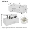Diagrams and measurements of a white coffee table with its lift-top mechanism extended and a close-up of a storage compartment. Anteprima dell’immagine prodotto