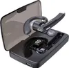 A black Bluetooth headset and its charging case are displayed against a black background. Produktbild-Vorschau
