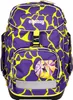 A purple and yellow giraffe-patterned backpack with a cartoon character patch on the front pocket. Náhled obrázku produktu