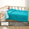 A turquoise blanket on a child's bed with a teddy bear and pillow. Produktbild-Vorschau