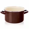A brown enamel pot with cream interior and silver rim, shown from a side angle against a white background. Voir les images du produit