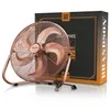 A copper-colored floor fan is displayed in front of its packaging. Podgląd zdjęcia produktu