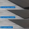 Three panels showing different installation heights of a black shower tray on a gray tiled floor. Produktbild-Vorschau