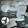A light blue ergonomic office chair with various features highlighted by text and icons. Náhľad obrázku produktu