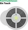 A top-down view of a white air purifier with a black grille and a central control panel featuring a green power button and indicator lights. Produktbild-Vorschau