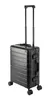 A black aluminum hand luggage suitcase with a telescopic handle and wheels, presented on a white background. Produktbild-Vorschau