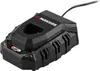 A black battery charger is shown from a diagonal angle against a white background. Produktbild-Vorschau