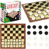 A collage of images showing a checkers board game, including its packaging, a game in progress on a board, and loose pieces. Podgląd zdjęcia produktu