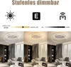 A collage of images showing a modern LED ceiling light with different light settings and features. Produktbild-Vorschau