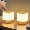 A hand is shown touching a wooden-cased LED night light, with another identical light visible in the background. Produktbild-Vorschau
