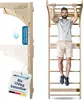 A man is doing pull-ups on a wooden wall-mounted pull-up bar, with a tag indicating weight capacity and origin. Podgląd zdjęcia produktu