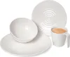 A set of white ceramic dishes with a concentric ring design, including plates, a bowl, and a mug filled with coffee. Anteprima dell’immagine prodotto