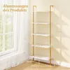A ladder shelf with dimensions indicated by text overlays, placed near a window with sheer curtains. Produktbild-Vorschau