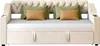 A beige upholstered sofa bed with green and brown accent pillows is shown against a white background. Anteprima dell’immagine prodotto