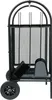 A black metal firewood rack with wheels and fireplace tools. Podgląd zdjęcia produktu