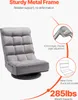 A marketing image showing a gray floor chair with text highlighting its features and specifications. Náhľad obrázku produktu