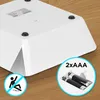 The underside of a white digital scale with non-slip feet and a battery compartment labeled '2xAAA'. A safety icon indicating 'no falling' is also present. Produktbild-Vorschau