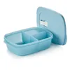 A light blue plastic food container with three compartments and its lid is open, showing the interior. Produktbild-Vorschau