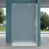 A walk-in shower enclosure with frosted glass, set against a blue wall and overlooking a garden through large windows. Produktbild-Vorschau