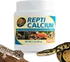 A product shot of a reptile calcium supplement container with images of reptiles and two live reptiles in the foreground. Voir les images du produit