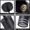 A collage of four close-up images showing different parts and details of a black cylinder-shaped pendant light. Anteprima dell’immagine prodotto