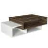 A modern coffee table with a white base and a brown wood-grain top. Produktbild-Vorschau