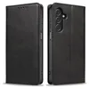 A black leather flip phone case is shown from two angles, open and closed. Produktbild-Vorschau