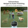 A backyard scene with a security camera, two children, and a dog, with bounding boxes indicating object detection. Produktbild-Vorschau