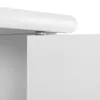 A close-up view of a white cabinet with a rounded top edge and a small gray circular component visible between the top and the side. Produktbild-Vorschau
