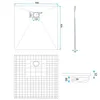 Technical drawing of a square shower tray with dimensions and drain details. Náhled obrázku produktu