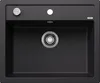 A black kitchen sink with a silver drain and faucet base. Produktbild-Vorschau