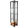 A black metal firewood rack with a small pile of firewood at the bottom, set against a white background. Produktbild-Vorschau