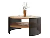 A round coffee table with a wooden top and a slatted metal base, decorated with a vase of branches and two cups. Náhled obrázku produktu