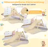 A collage of images showing a wooden climbing toy for children in different configurations, set against a light, playful background with decorative elements. Produktbild-Vorschau