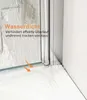 A close-up view of a shower enclosure's bottom edge, showing water droplets and text highlighting its waterproof feature. Produktbild-Vorschau