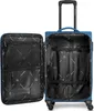An open blue suitcase with its interior visible, showing compartments and straps. The suitcase is standing on its wheels. Voir les images du produit