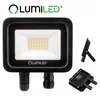 A product shot of an LED floodlight with additional views of its components. Voir les images du produit