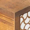 A close-up view of the corner of a wooden sideboard with a decorative pattern on the side. Voir les images du produit