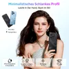 A woman is holding a smartphone, with other phones and feature icons displayed around her. Produktbild-Vorschau