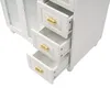 A close-up view of a white vanity cabinet with three open drawers and gold handles. Produktbild-Vorschau