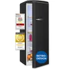A black retro-style refrigerator with its door slightly ajar, showcasing its interior and some food items. It has several award badges on the left side. Produktbild-Vorschau