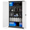 An open metal cabinet filled with laboratory supplies, including bottles, beakers, a scale, and binders. Podgląd zdjęcia produktu
