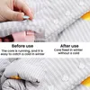 A collage showing a product being used to fix a duvet insert. The top row shows a close-up of a hand using the product, and the bottom row shows the duvet after the product has been used. Produktbild-Vorschau