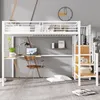 A loft bed with a desk and shelves in a room setting.