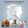 A collage showing a white charger and cable, and three lifestyle images of people using their phones at home, in the office, and while traveling. Produktbild-Vorschau