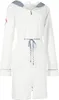 A white hooded robe with blue and red trim and a drawstring. Produktbild-Vorschau